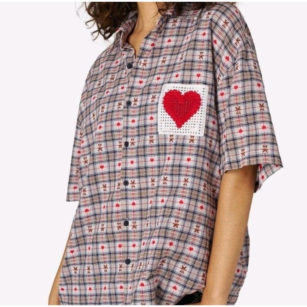 Aelfric Eden Plaid Button Up Shirt Teddy Bear Crochet Heart Large 100% Cotton